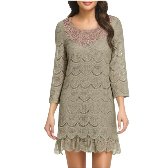 Style & Co. Dresses & Skirts - Style & Co Lace Overlay Ruffle Hem Long Sleeve Mini Dress Tan S Cocktail Party